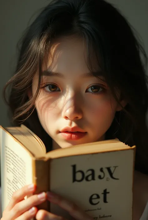 girl，Real photography,Natural light,((best quality、8k、masterpiece:1.3))、Ultra-high resolution、(photorealistic:1.4)，Holding a book with &quot;BAST ET&quot; on the cover，Books covering face