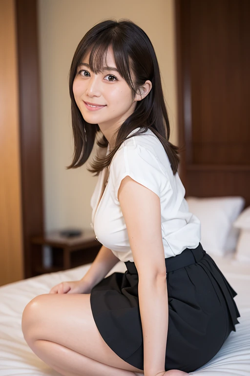 Japan Airlines Flight Attendant Uniform　5 middle-aged woman　airport　Hotel　On the bed　8k, Highest quality, masterpiece, Realistic, Photorealistic, Very detailed, Natural light,I can see her cleavage, 1 person, 3 Women, (Looking at the camera), (View from th...