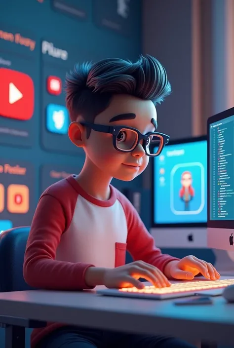 Create a 3D illustration featuring a realistic 2 beautiful Indian realistic boy busy Developing software in front of a 3D logo of “YouTube” The boy wearing Red & white casual Shirts, with glasses , Undercut hair style, The background of the image should sh...