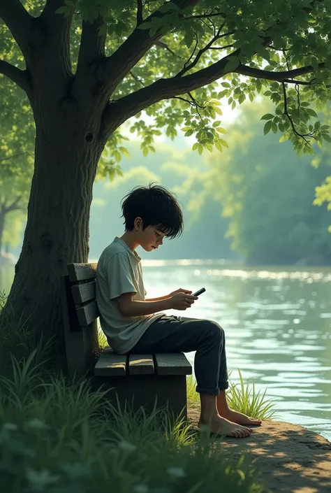 A boy is sitting on a toll under a tree on the bank of a river looking sad with a mobile phone