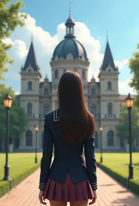 Panoramic photo of learning institute , a teenager with her back turned, with elegant high-class school uniform, Very long hair, Waist length hair, dark brown, brown skin, latina seaArt style