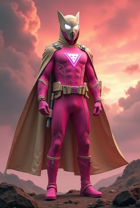 high-tech suit, posterize effects, malaysian superhero (KELUANG MAN) in a striking pink and biege costume stands confidently in a dramatic, stormy landscape. The character wears domino mask beige a helmet beige with pointed ears beige and a flowing cape be...