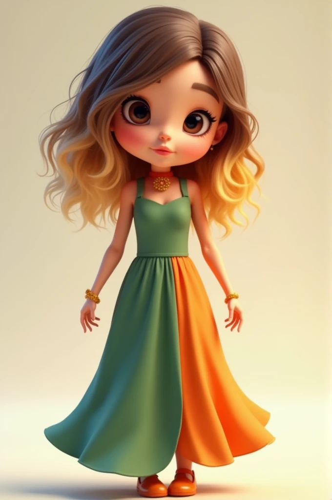 Cute roblox avatar girl,vapored layered hair two-tone brown and blonde,Green and orange clothing,sleevess top and long leg length skirt