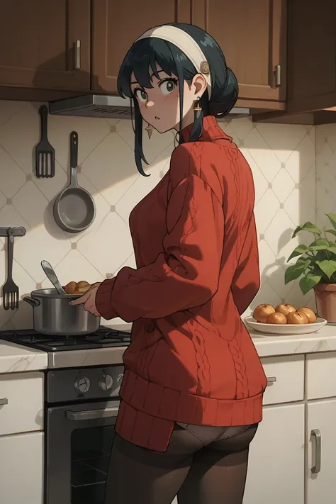 1 woman, black fur, diadem, hip length hair, straight hair, Red sweater, hip length pantyhose, Lifts up her sweater to show her panties. in a kitchen. 