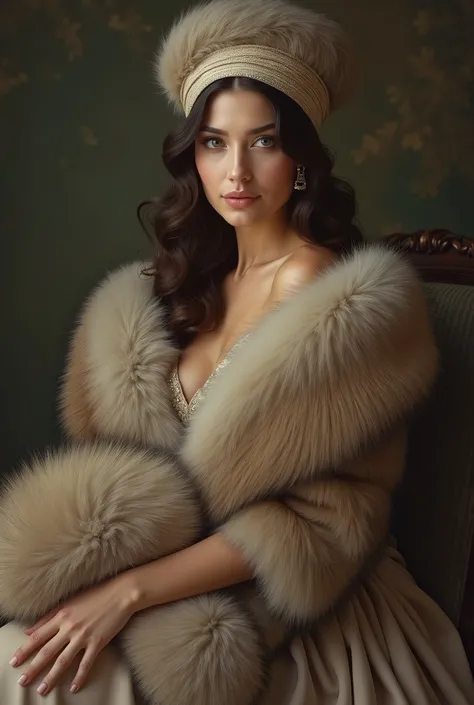  
A beautiful women sitting upright, with a fur cap on with beautiful hairs, and a fur stole which is dropped from one shoulder,  and holding out to the spectator a huge fur muff into which her forearm had vanished, whole body view,