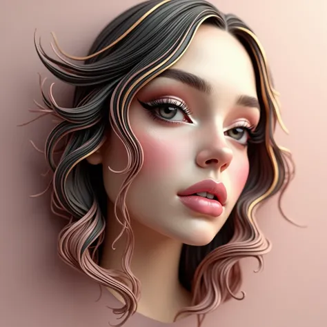 A captivating 3D logo for a makeup artist, where the initials RGDO are intricately intertwined to form the negative space, revealing a young womans face in subtle, elegant detail. The face features delicate eyes, lips, and flowing hair, all rendered in a s...