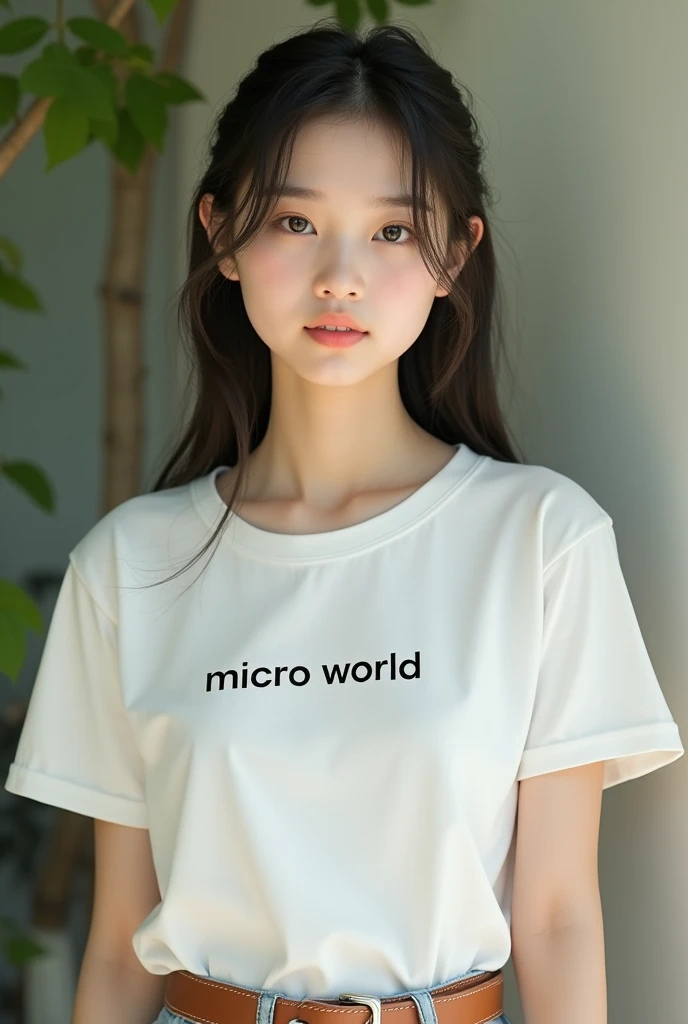 girl，Real photography,Natural light,((best quality、8k、masterpiece:1.3))、Ultra-high resolution、(photorealistic:1.4)，Wearing a white T-shirt，brown belt，The clothes say &quot;Micro World&quot;