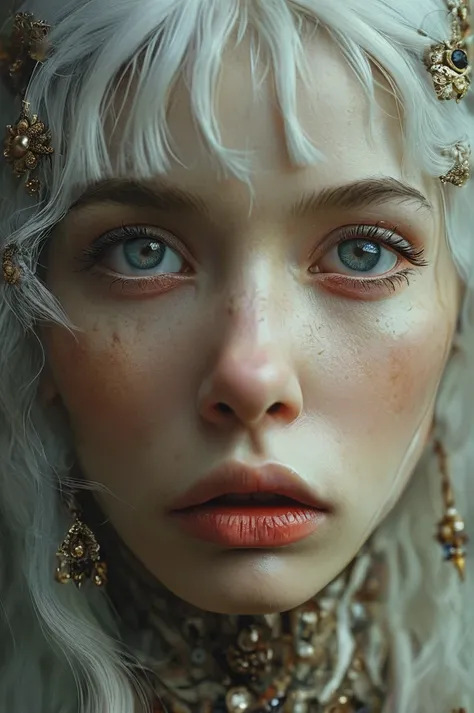 style of bella kotak, gothic, ((white hair)), albine woman, award winning, perfect eyes, detailed skin, beautiful face, detailed...