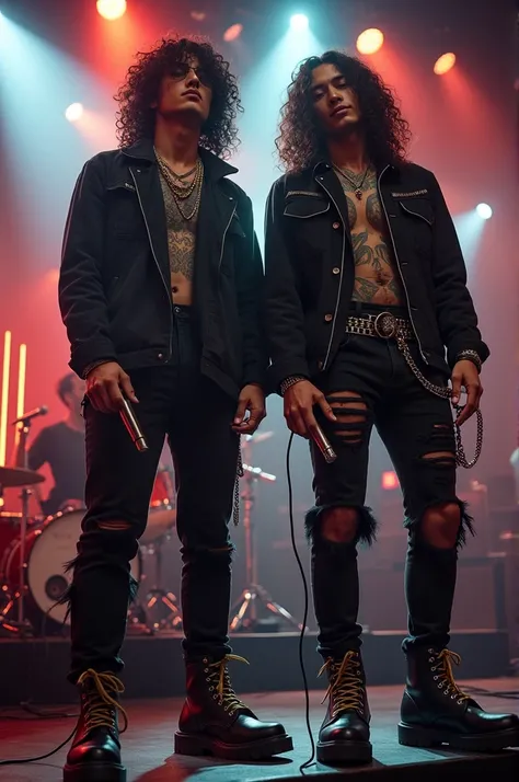 Photography of a 2 Asian guy with long curly hair wearing a black jacket with tattoos, ripped jeans, chain accessories, boots, holding a mic on stage in a concert atmosphere