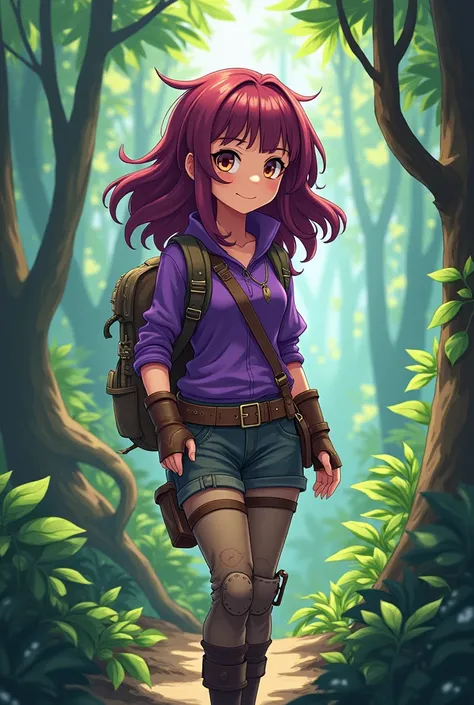  woman, in a forest, wearing purple top and adventurer clothes, burgundy layered hair, brown eyes. Anime. 