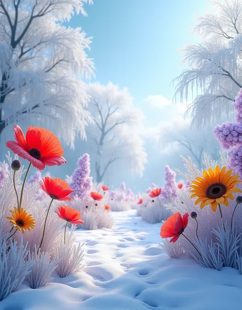 A stunning winter landscape scattered with a variety of frozen flowers. The sky is tinted with hues of chilled blue and austere white, mirroring the fluffy snow blanketing the ground. Amid the frosted terrain, numerous resilient flowers of various species ...