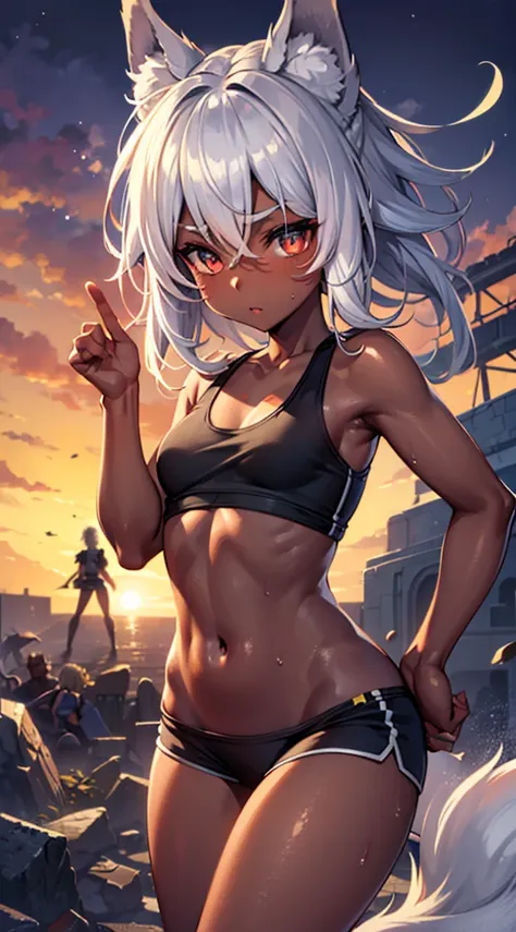 dark skin,Silver Hair,Fox Girl,(((small breasts))),(Perfectly detailed face),(Young) , Super cute face,, athlete,Colorful Tank Tops, Cropped tops,sweaty,High resolution, masterpiece, Highest quality, High resolution,Ground,