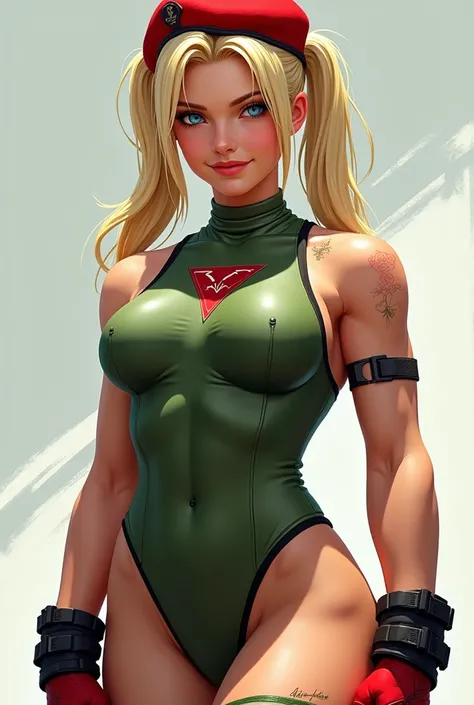 Masterpiece, 4k, altoly detailed, Cammy de Street fighter, Looking to the camera, blue eyes, platinum blonde hair combed into long pigtails with a small blade of bangs over her forehead, Wide titis, Cammy, ((a scar on her left cheek)), Beautiful woman dres...