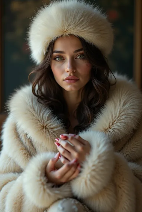  
A beautiful women sitting upright, with a fur cap on with beautiful hairs, and a fur stole slightly dropped from right shoulder, sitting upright and her palms inside huge fur muff into which her forearm had vanished, godess look