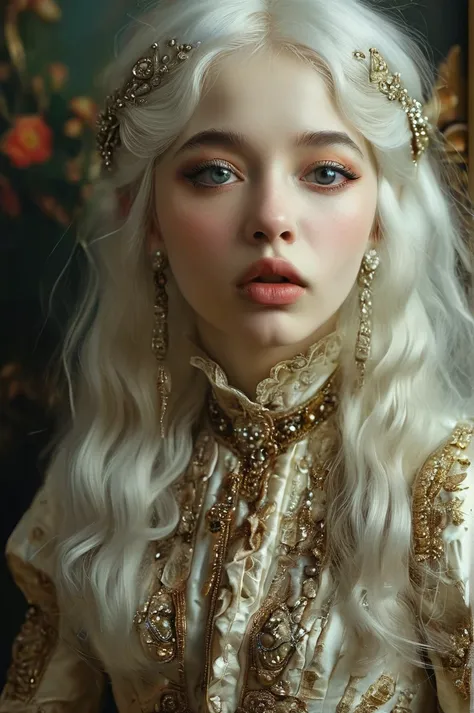 style of bella kotak, gothic, ((white hair)), ((waist and torso portrait)), albine woman, award winning, perfect eyes, detailed ...