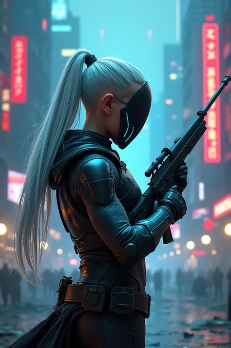 Create a boy with futuristic armor without a helmet, With a mask the boy has a snipper and long white hair with cyan blue highlights combed in a ponytail, set in a cyberpunk era posing heroically seen from a back angle 