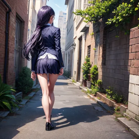 a girl wearing a navy blue blazer, mini skirt, (wearing glasses), purple long hair, full body, back view, turning around, school...