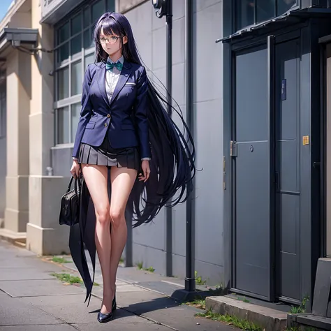 a girl wearing a navy blue blazer, mini skirt, purple long hair, full body, back view, turning around, school courtyard, detaile...