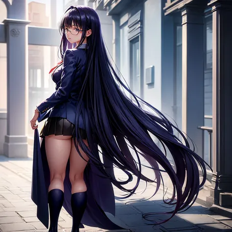 a girl wearing a navy blue blazer, mini skirt, purple long hair, full body, back view, turning around, school courtyard, detaile...