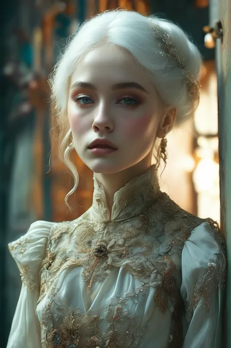 style of bella kotak, gothic, ((white hair)), ((waist and torso portrait)), albine woman, award winning, perfect eyes, detailed ...