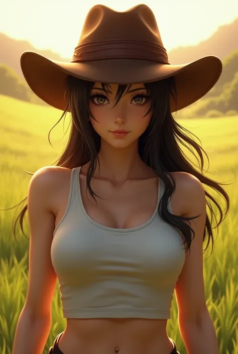 ((masterpiece)), ((high resolution)), ((best quality)), (ultra-detailed), backlighting, front view, standing, full body shot, beautiful face, beautiful eyes, beautiful skin, Tifa of Final Fantasy, white tank top, brown leather cowboy hat, meadow,