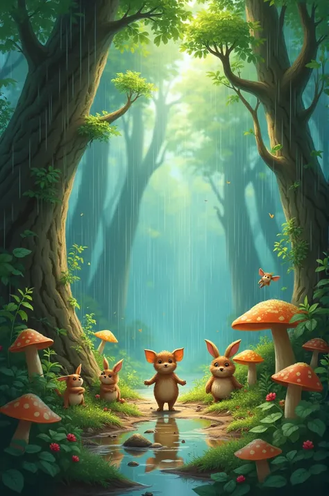 One day the little creatures of the forest had a big rain