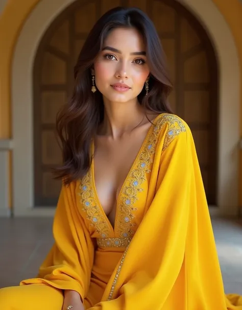 Create a image of a beautiful girl with big, wearing ((yellow sawar suit)), age:25, uncropped, knee high, medium shot portrait, cleavage.
