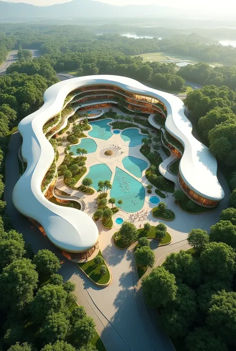 
Curvilinear organic sports and cultural complex courts vegetation parking square swimming pool 