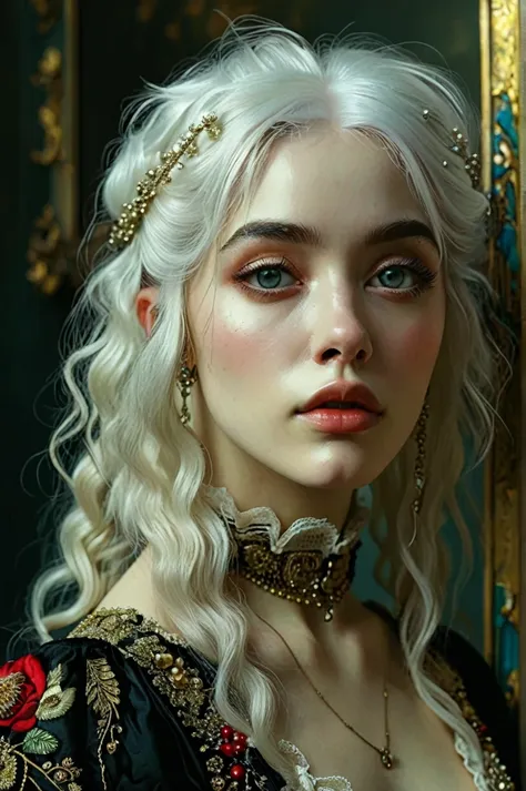 style of bella kotak, gothic, ((white hair)), ((waist and torso portrait)), albine woman, award winning, perfect eyes, detailed ...