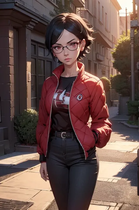 girl with glasses, female, full body, standing (best quality,4k,8k,highres,masterpiece:1.2),ultra-detailed,(realistic,photorealistic,photo-realistic:1.37),intricate details,highly detailed face and eyes,extremely detailed skin ,detailed sarada uchiha chara...