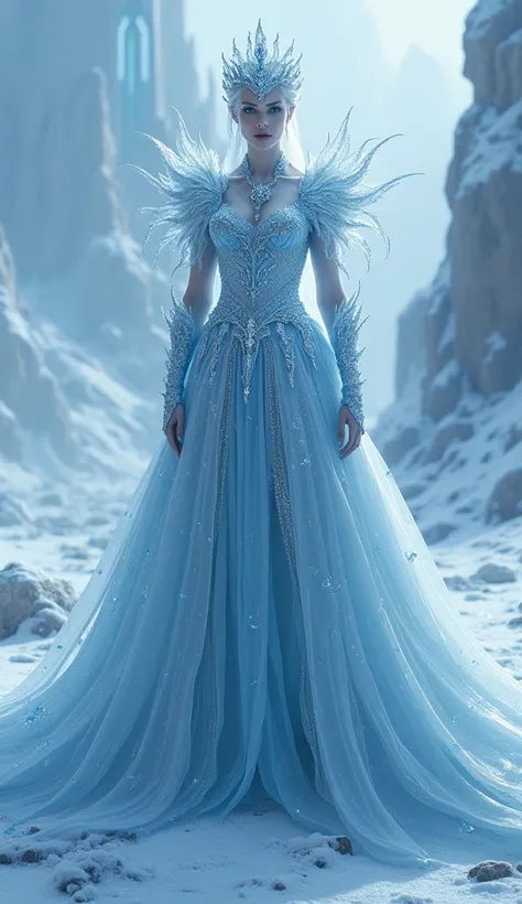 fantasy, snowy scenery, evil and menacing snow queen, ice crown and jewellery, dress made of snow and ice, menacing ice gaze, sexy and dangerous appearance, giving an order,  queen in the foreground, whole figure visible, in the background in the backgroun...