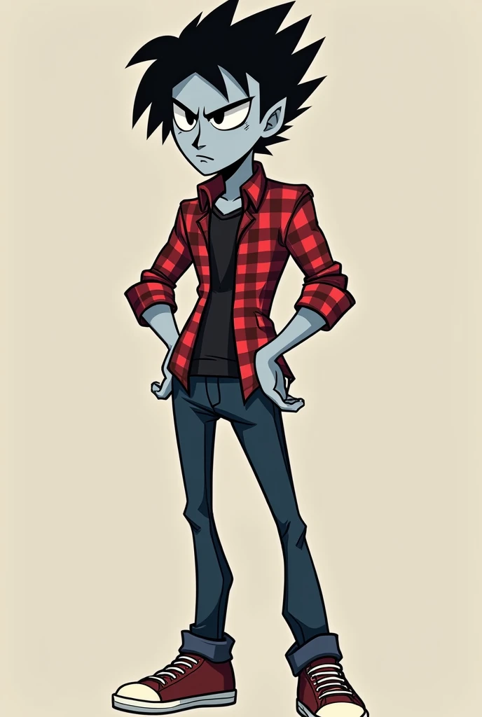 Marshall Lee has a slim body, an average height, black hair, and light gray skin. He has a matching permanent bite mark like Marcelines which shows he is a vampire. In Fionna and Cake and Bad , he is seen wearing a red plaid shirt with gray stripes, dark b...