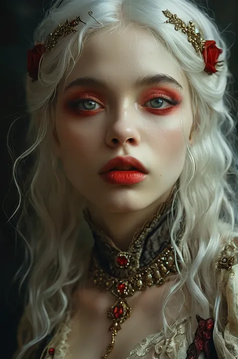 style of bella kotak, gothic, (((vampire woman)), ((vampire)), ((white hair)), ((((waist and torso portrait)))), albine woman, (...