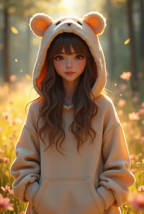 A 20-year-old woman with long brown hair, bangs, and a polar bear hoodie