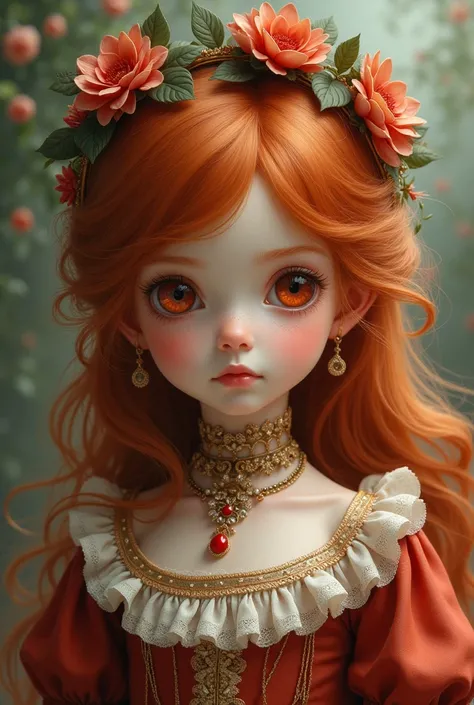 Redhead boy with waist-length hair, with Victorian dress and sweet face, red pupils and a flower crown