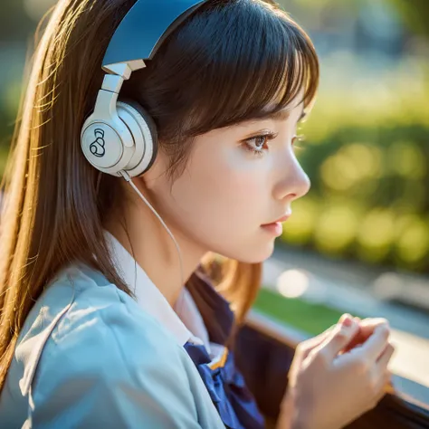 a beautiful detailed girl with headphones, looking into the distance while studying and listening to music, detailed face, porcelain skin, long eyelashes, delicate lips, wearing a school uniform, 8k, photorealistic, cinematic lighting, intricate details, v...