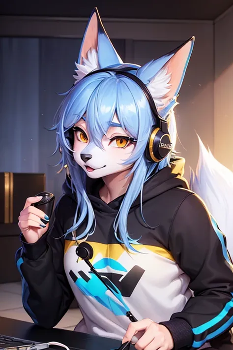 (work of art, Maximum quality, best qualityer, offcial art, beautiful and aesthetic:1.2) Uma Furry Fox Gamer, Using a Black and Gold Headset, long light blue hair, white fur, gold eyes, Wearing a Black Sweatshirt and Dark Blue Jeans.