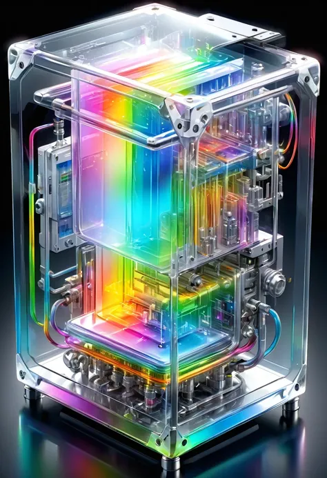 cooling device made of metal plated frame and transparent case, liquid metal in rainbow neon lines, transparent, clear neon colors, precision instruments, machinery, machine parts, LED, wire cable, analytical equipments, labs, (ultra detailed, absolutely r...