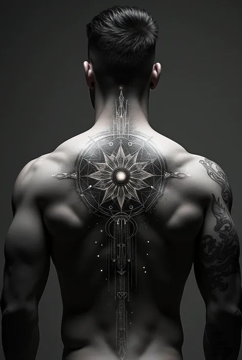 Develop a powerful tattoo that can attract geometrical energy and vibrational energy for men for my back include all the elements and charas in it 
Include the unified field 