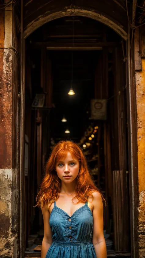 Photorealistic photography of a young redhead girl wondering in the old market in Thailand, soft smile, midjorney art, luminism, ultimate intricate shadow: light contrast, IPA Award Winning Masterpiece, artistic lens, warm colors, art by Tim Burton