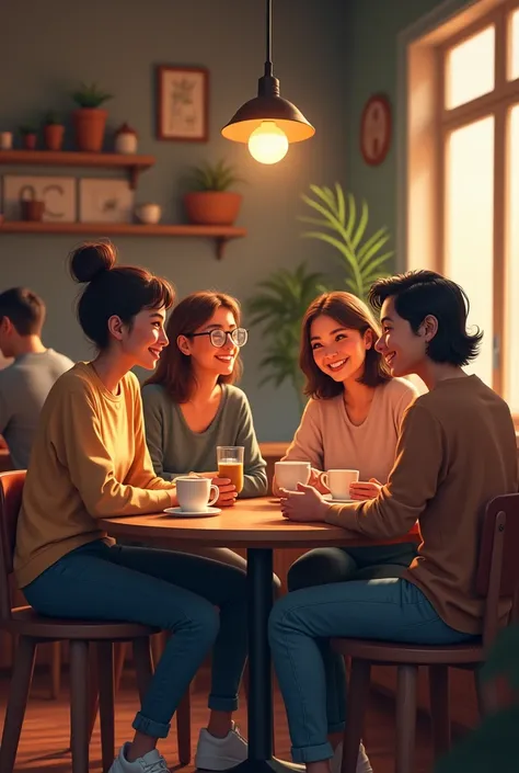 a girl on the left side talking with friends in a smale coffee shop 