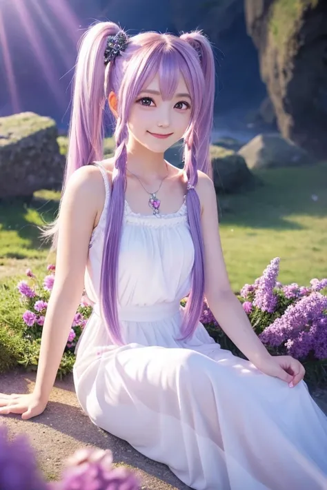 Anime Girl,white long dress, Twin tails ,pink and purple hair, Purple eyes, Jewels in hair, landscape,Particles of light, light, Side light, smile,Lying,Accessories,