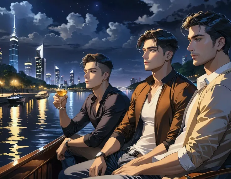 In a city full of buildings at night, three handsome men wearing designer casual clothes are drinking on a private yacht in the river and watching the night view 4K cover