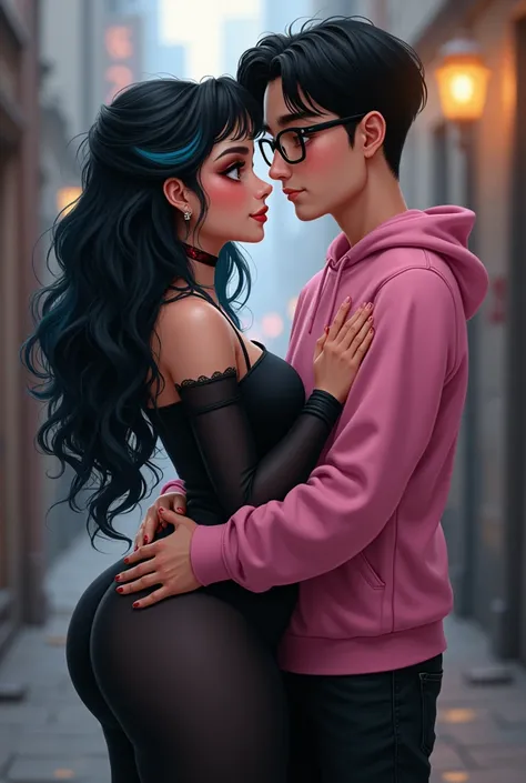 Couple of boyfriends, she is gothic with a curvy body, big cheeks, big butt, black hair with blue and big brown eyes, clear skin, He has straight hair combed up and small rectangular glasses and a wide nose and a pink sweatshirt and black pants.