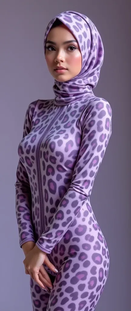 The most beautiful,thin,most pretty and clever malaysian contortion muslimah adult girl wears light purple leopard print lycra turtleneck unitard catsuit covered with spots.She always wear light purple leopard print lycra dancewear stretchy square hijab co...