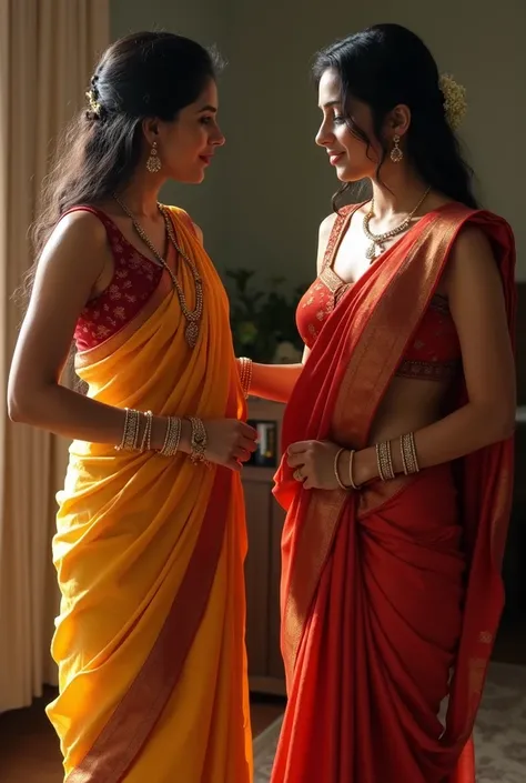 ((best quality)), ((masterpiece)), (detailed), Beautiful indian women in traditional saree removing her sister saree while her sister is showing her naked boobs 

 