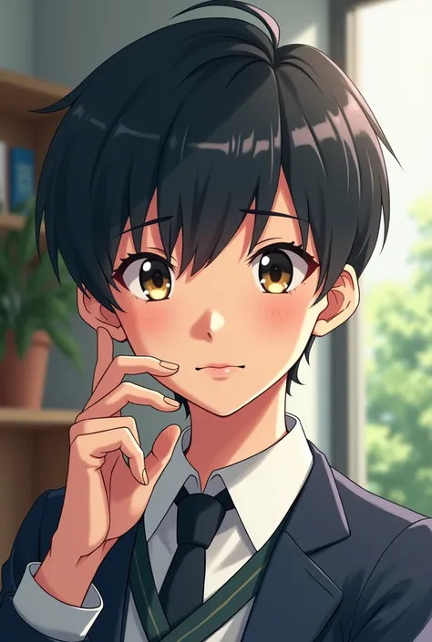 Anime character boy age 12 years, side hair cut , smart boy ,