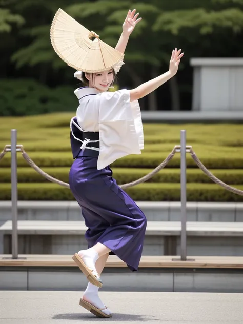 photo-realistic quality、a woman wearing an awa odori dance costume is dancing in the park,a kimono with a white base、white arms、...