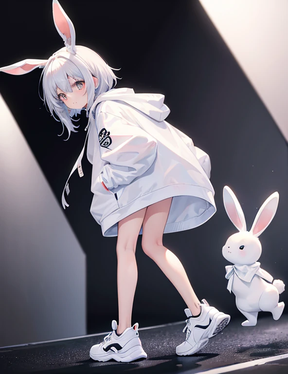 1 female,White Bunny Hoodie,Het Fong,Black and white sneakers,Are standing,whole,Expose,