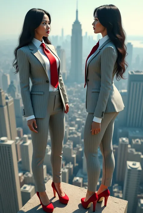 Aerial view of massive city, aerial view of giantess, looking down from above, two women, curvy hourglass figre, a pair of huge breasts, light grey pinstriped suit, white tailored shirt, (large red necktie, tied in Windsor knot) waist-length hair，Wearing a...